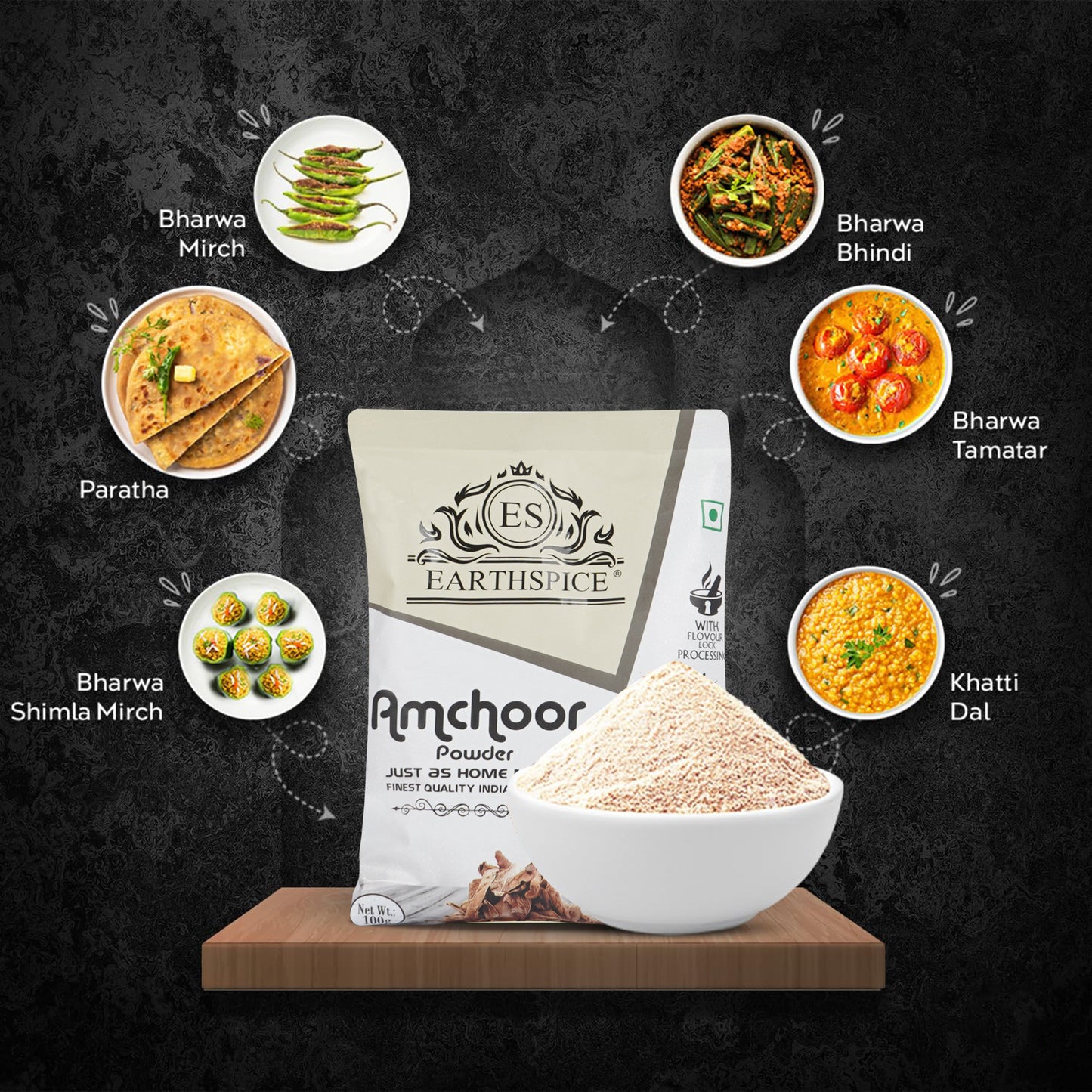 Earthspice Amchoor Powder with dishes, featuring the powder.