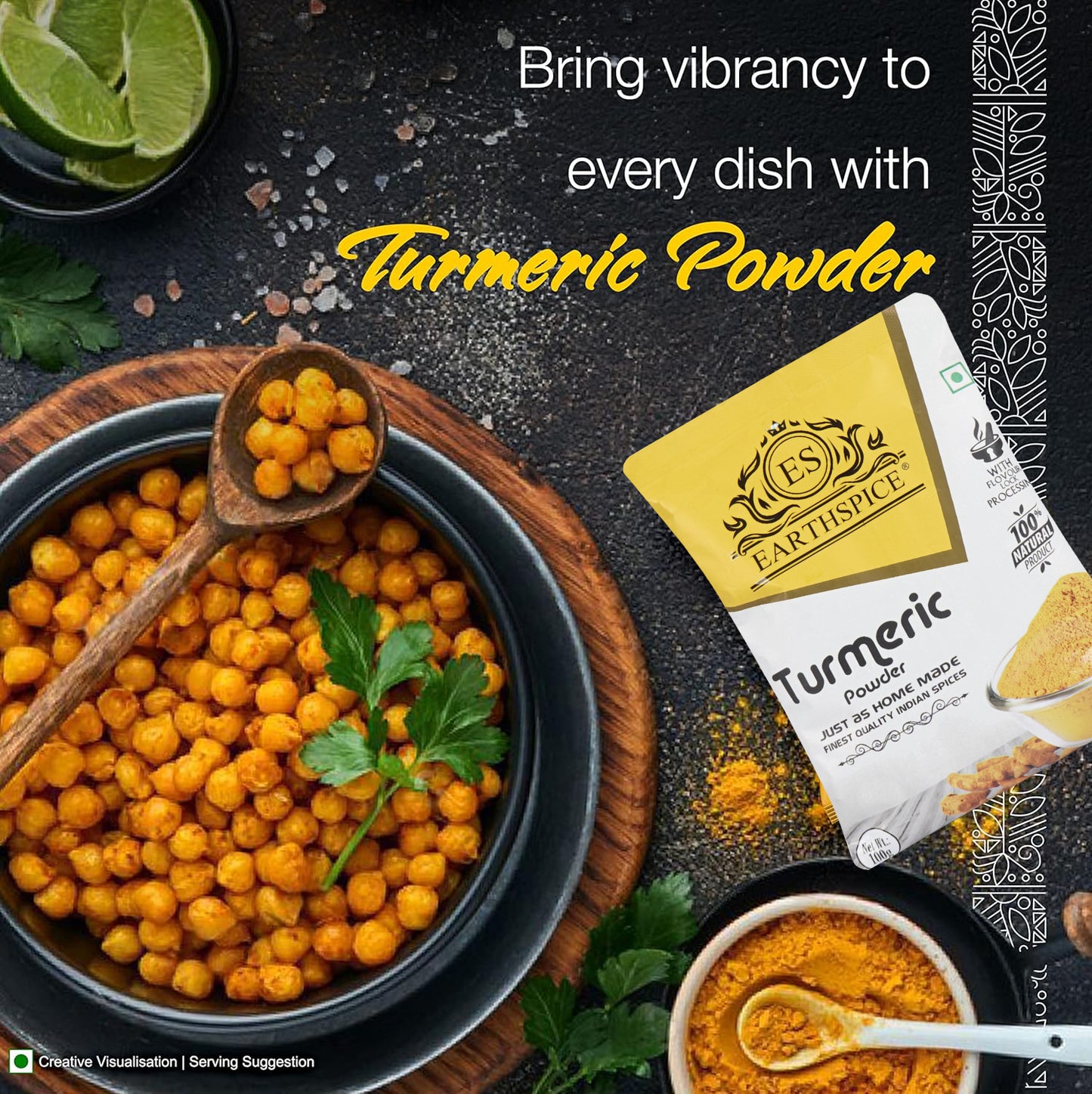 Earthspice turmeric powder package, and text promoting vibrancy in dishes.