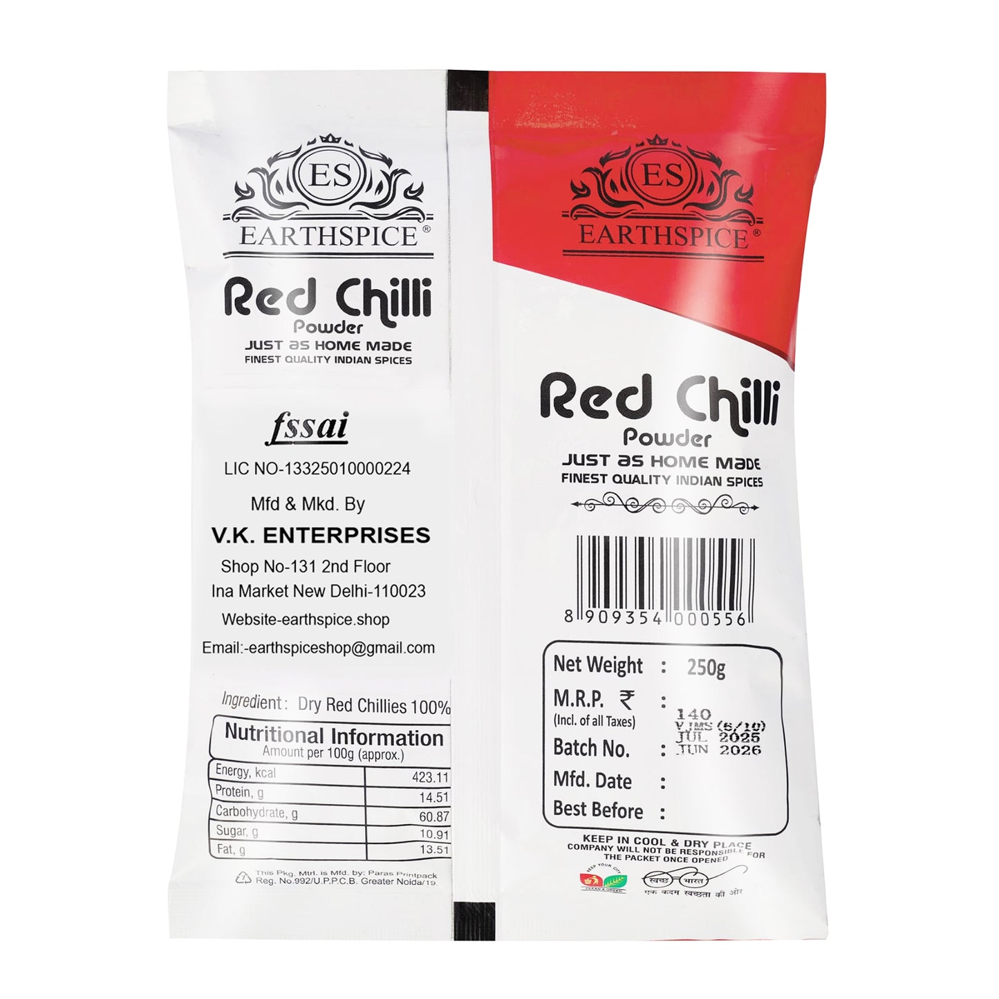 Earthspice Red Chilli Powder packaging with label details