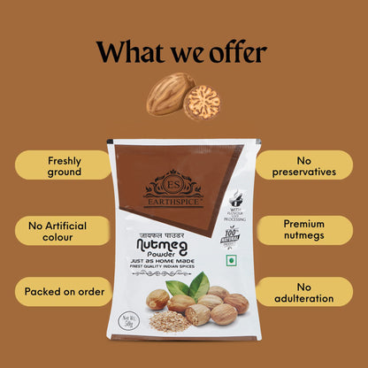 Earthspice nutmeg powder packaging with product details