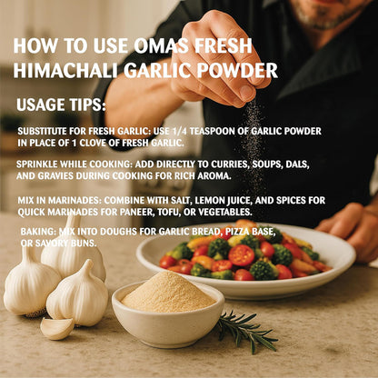 Person sprinkling Omas Fresh Earthspice Garlic Powder
