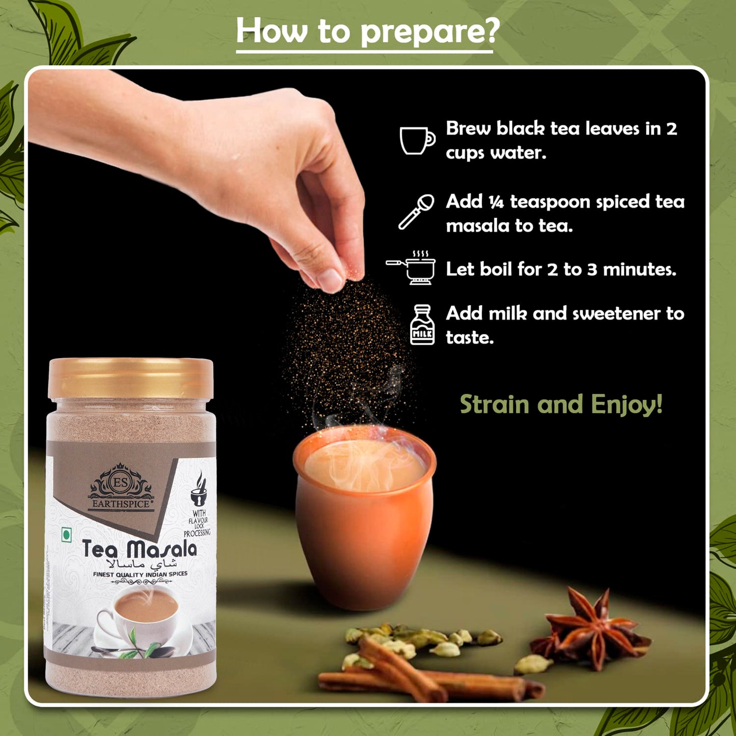 Earthspice Tea Masala packaging with brewing instructions.