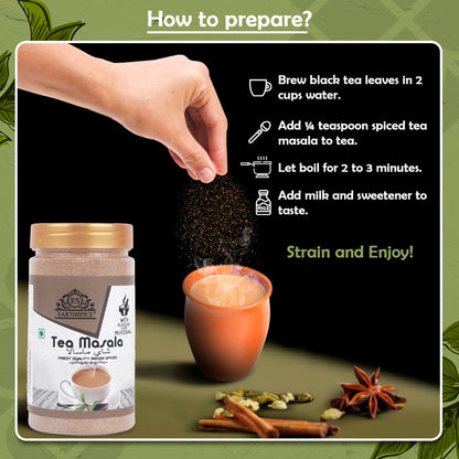 Earthspice Tea Masala packaging with brewing instructions.