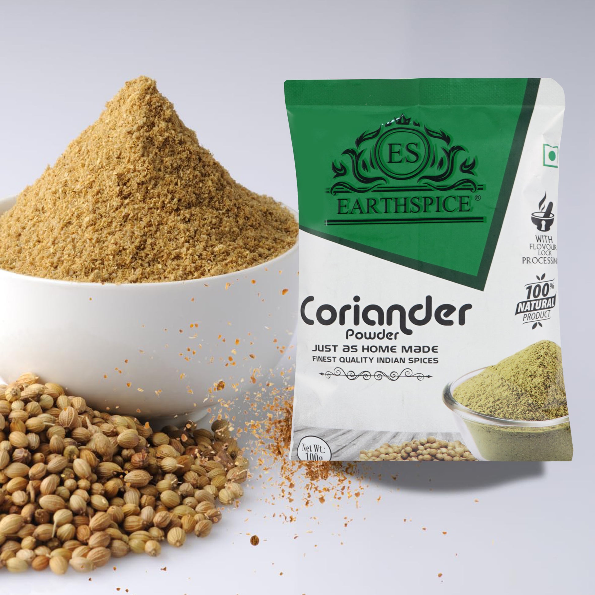 Earthspice coriander powder packaging with coriander seeds