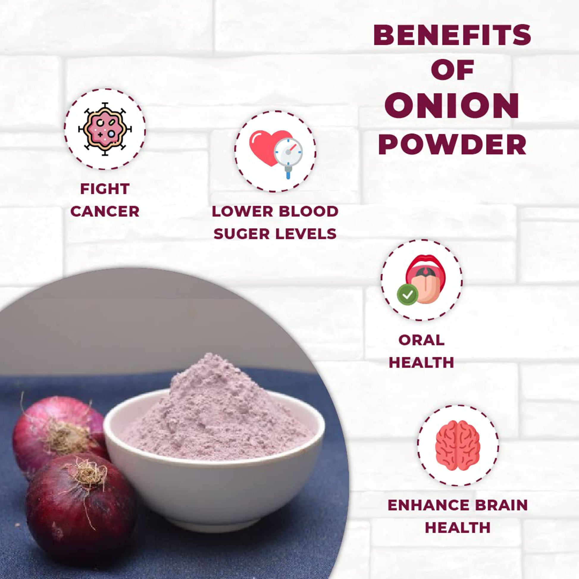 Benefits of Earthspice onion powder with a bowl of onion powder.
