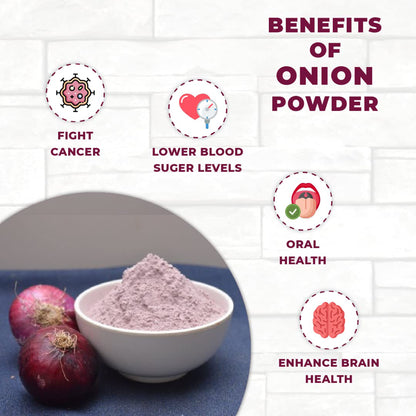 Benefits of Earthspice onion powder with a bowl of onion powder.