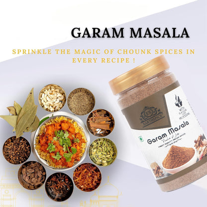 Earthspice Garam Masala spice mix with ingredients.