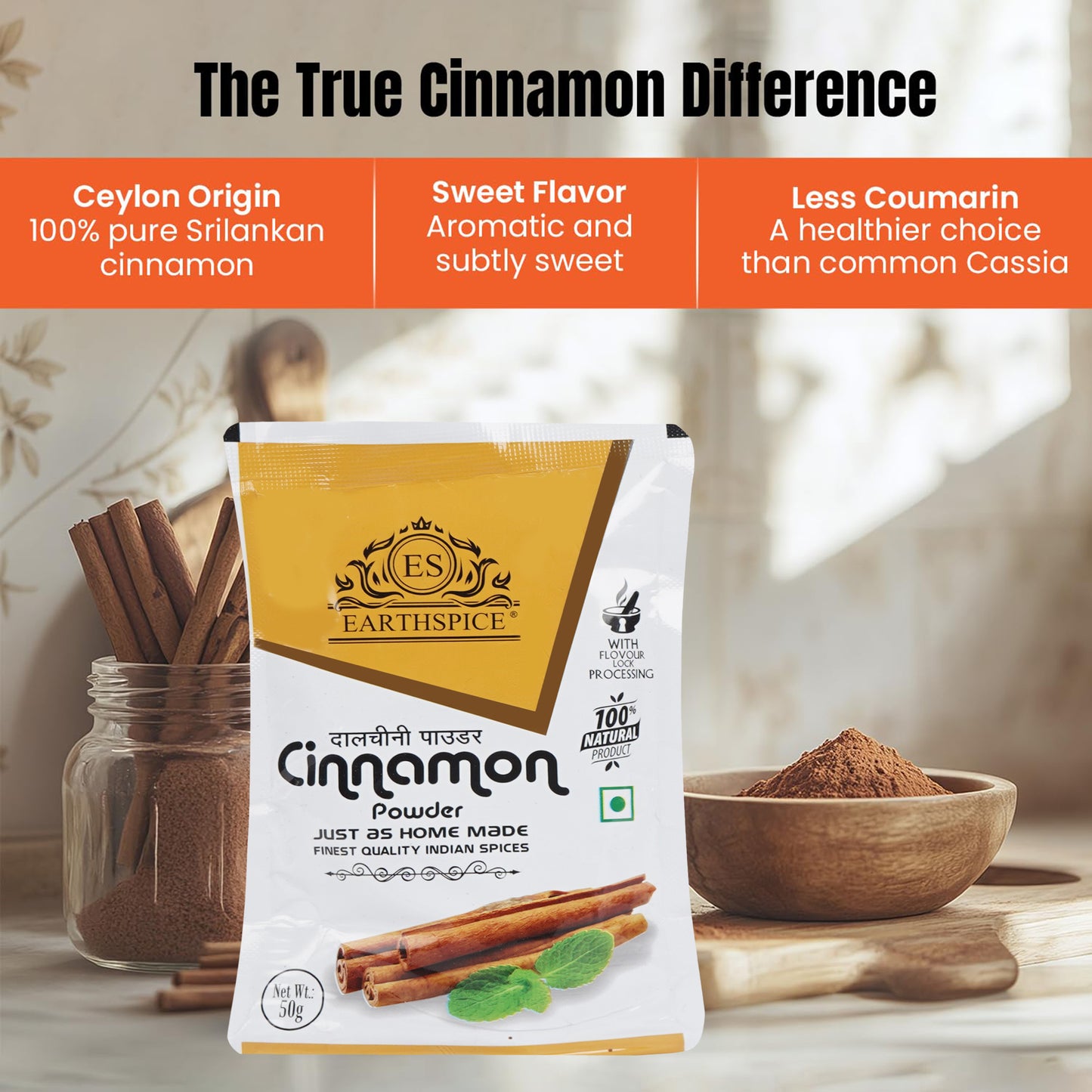 Earthspice cinnamon powder package with cinnamon sticks