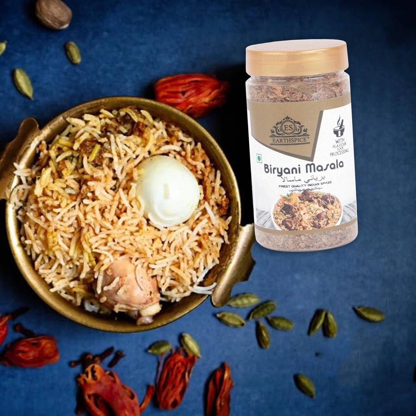 Earthspice Biryani masala spice jar next to a bowl of biryani.