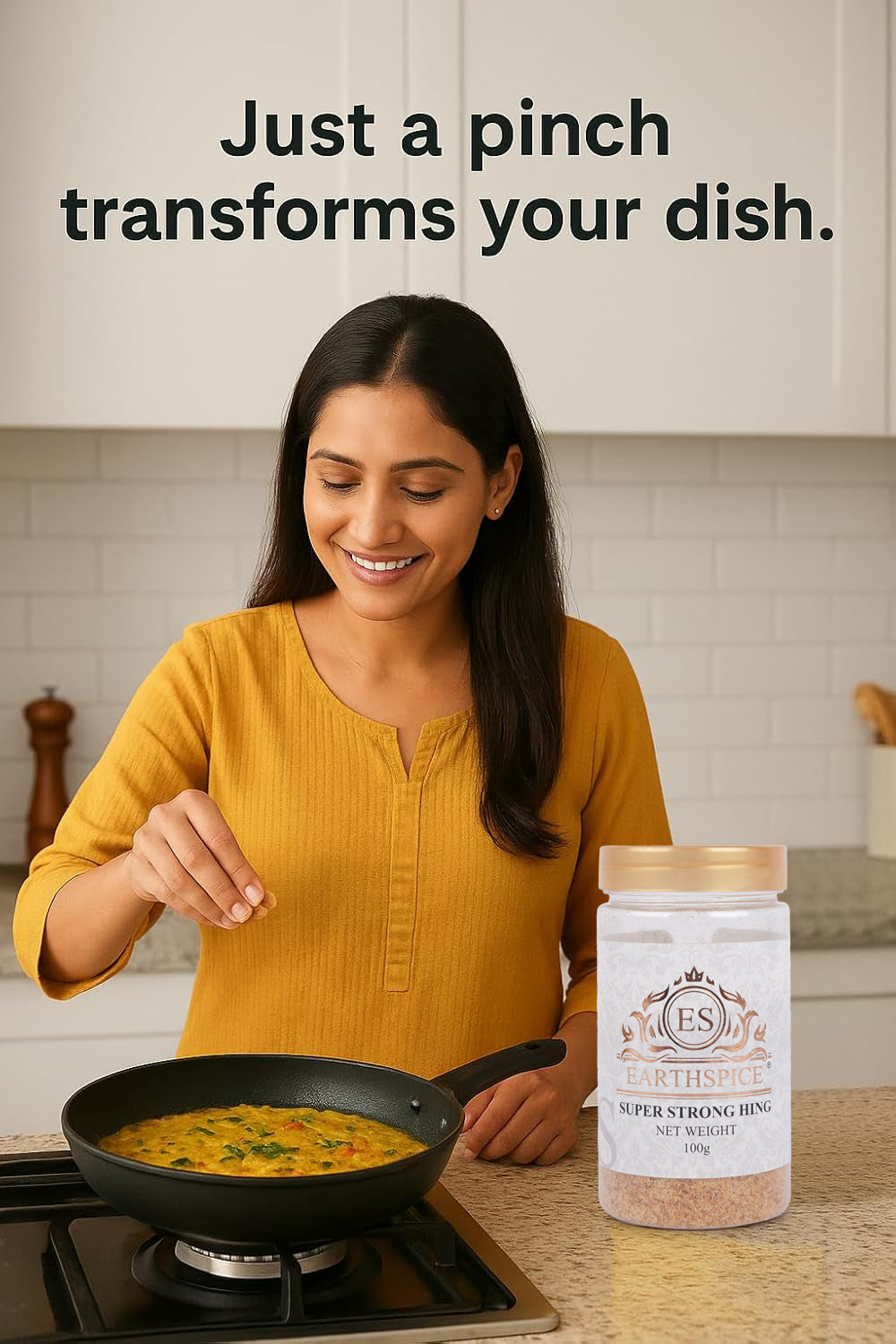 Woman cooking with Earthspice hing asafoetida in a kitchen.