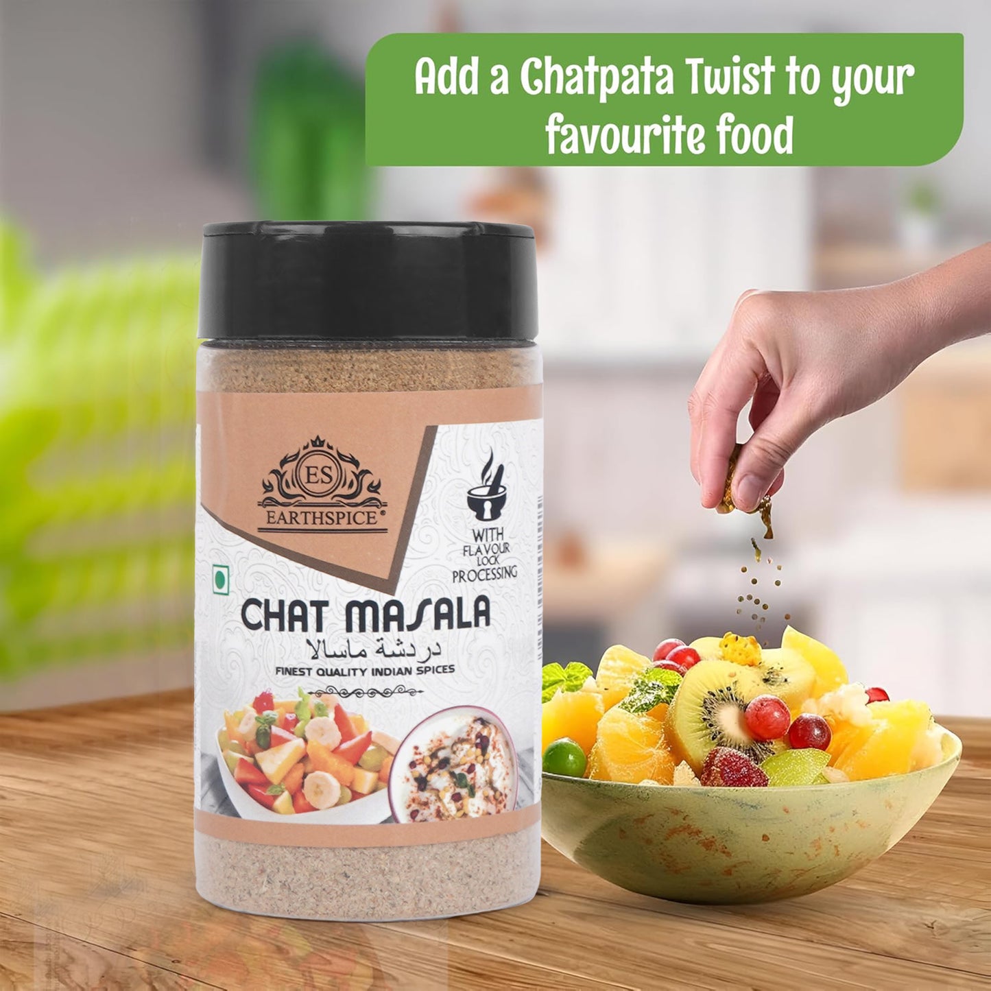 Earthspice Chat Masala spice jar with a hand sprinkling spices