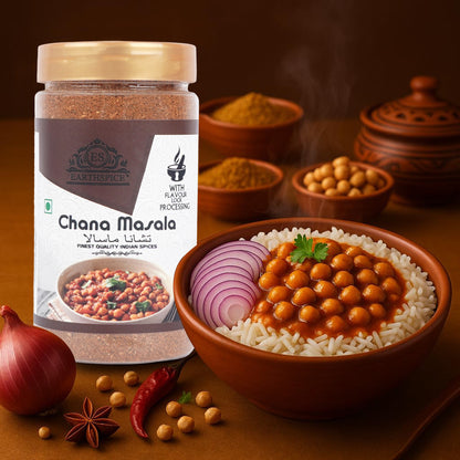 Earthspice Chana Masala with a bowl of chickpea curry and rice.