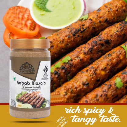 Earthspice Kabab Masala with grilled kababs and vegetables.