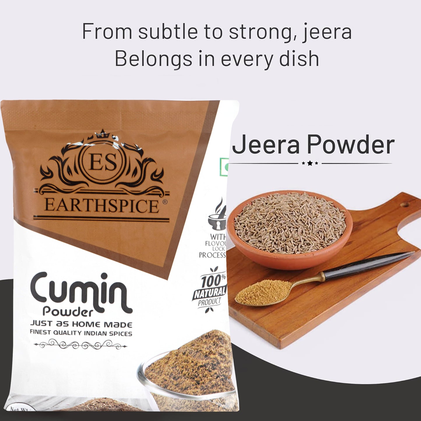 Earthspice cumin powder with a bowl of jeera powder.