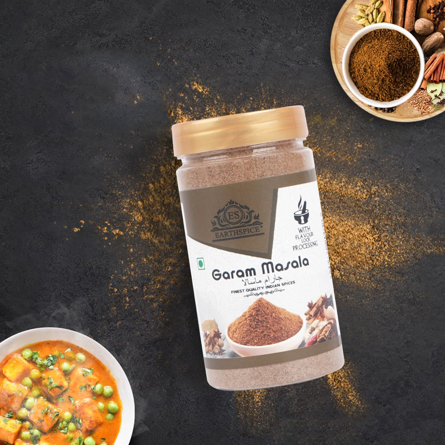 Earthspice Garam Masala spice mix with a bowl of curry.