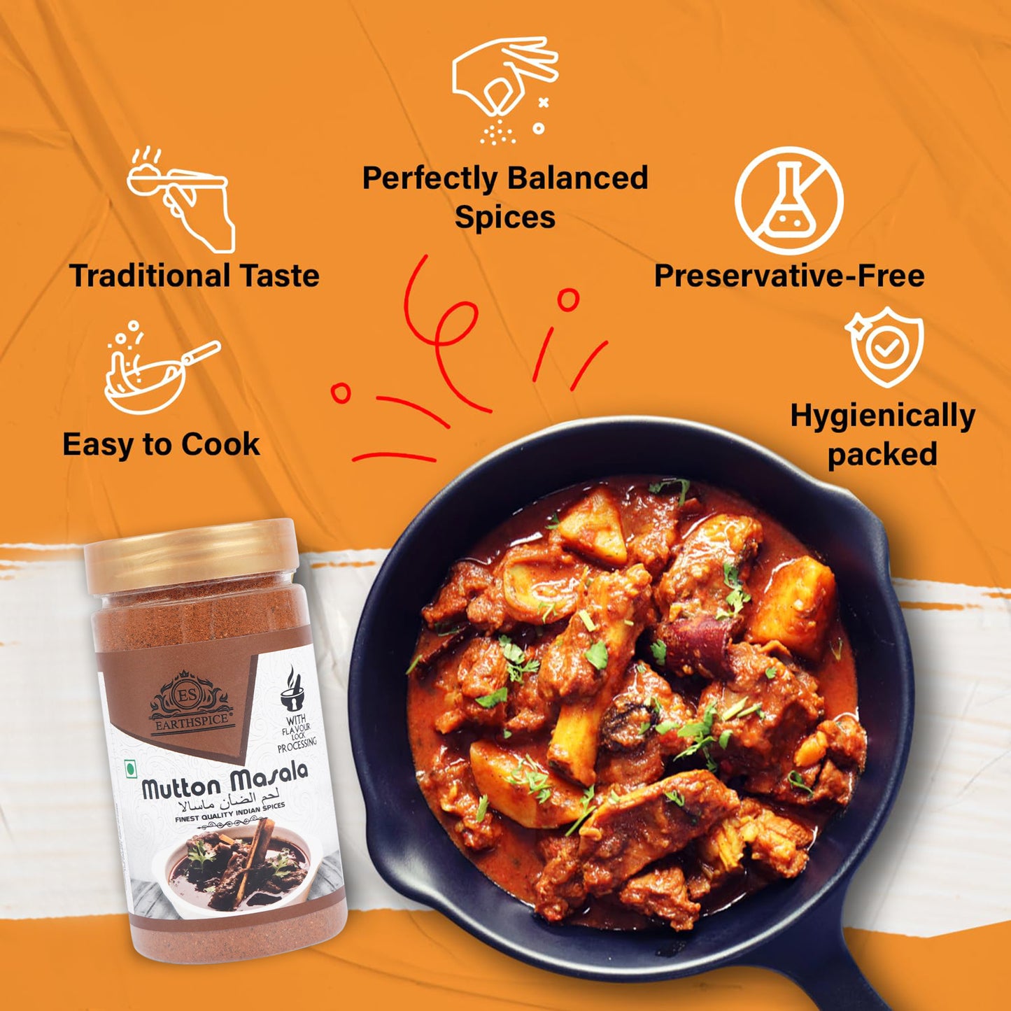Earthspice Mutton Masala with a bowl of curry.