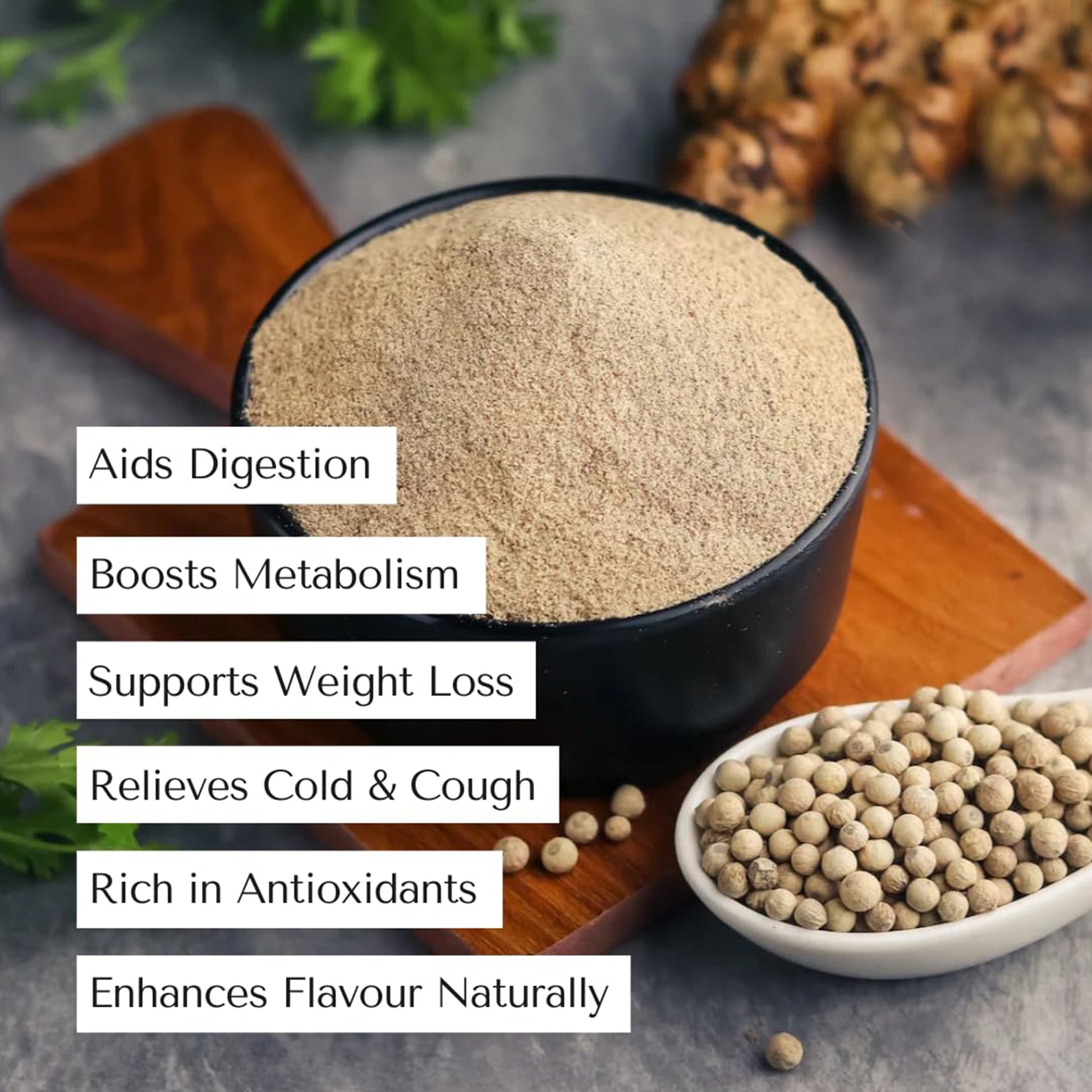 Earthspice white pepper powder with text highlighting its health benefits.