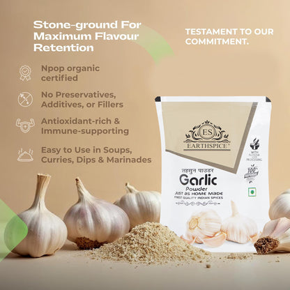 Earthspice Garlic Powder with garlic bulbs and ground garlic powder
