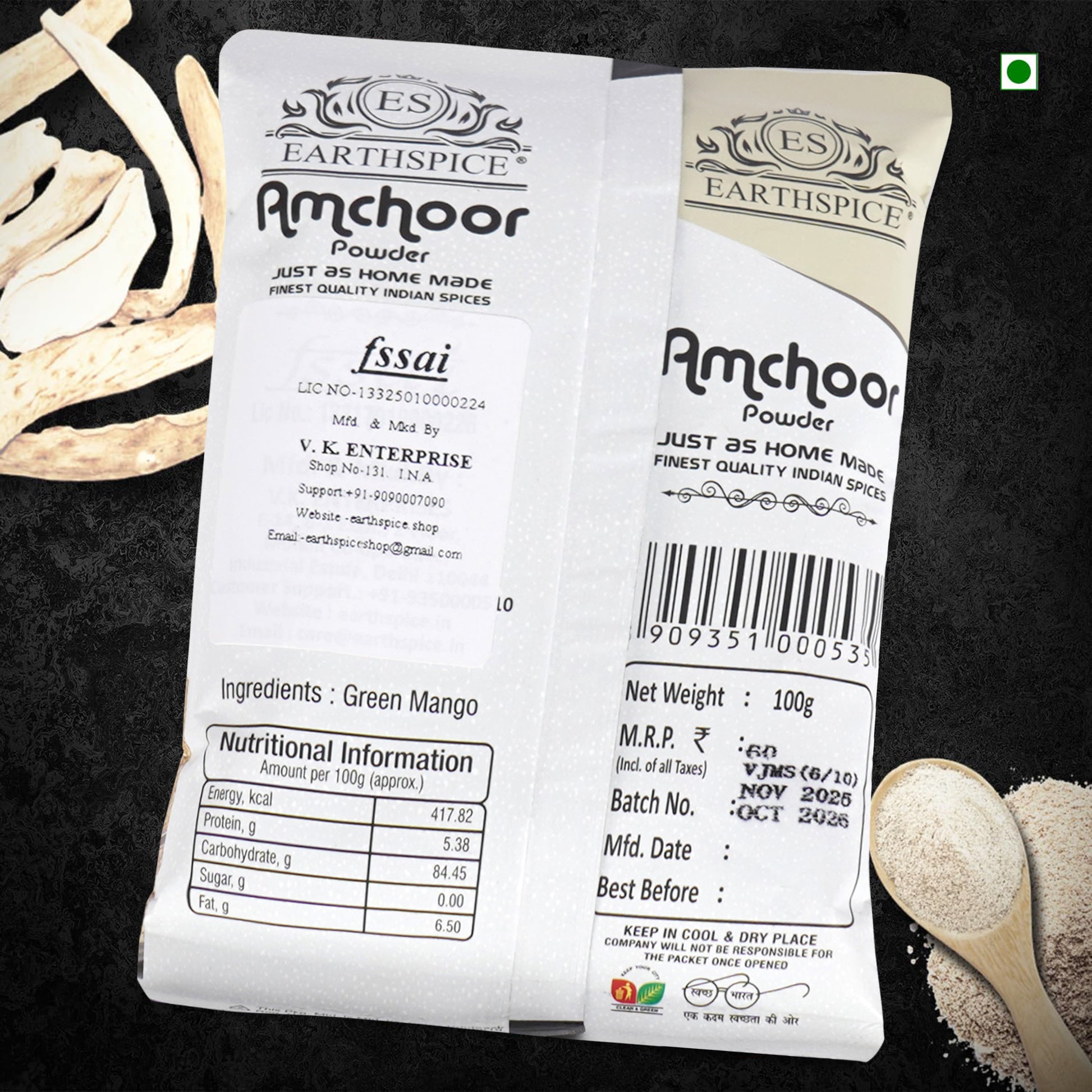 Earthspice Amchoor Powder with labels and ingredients.