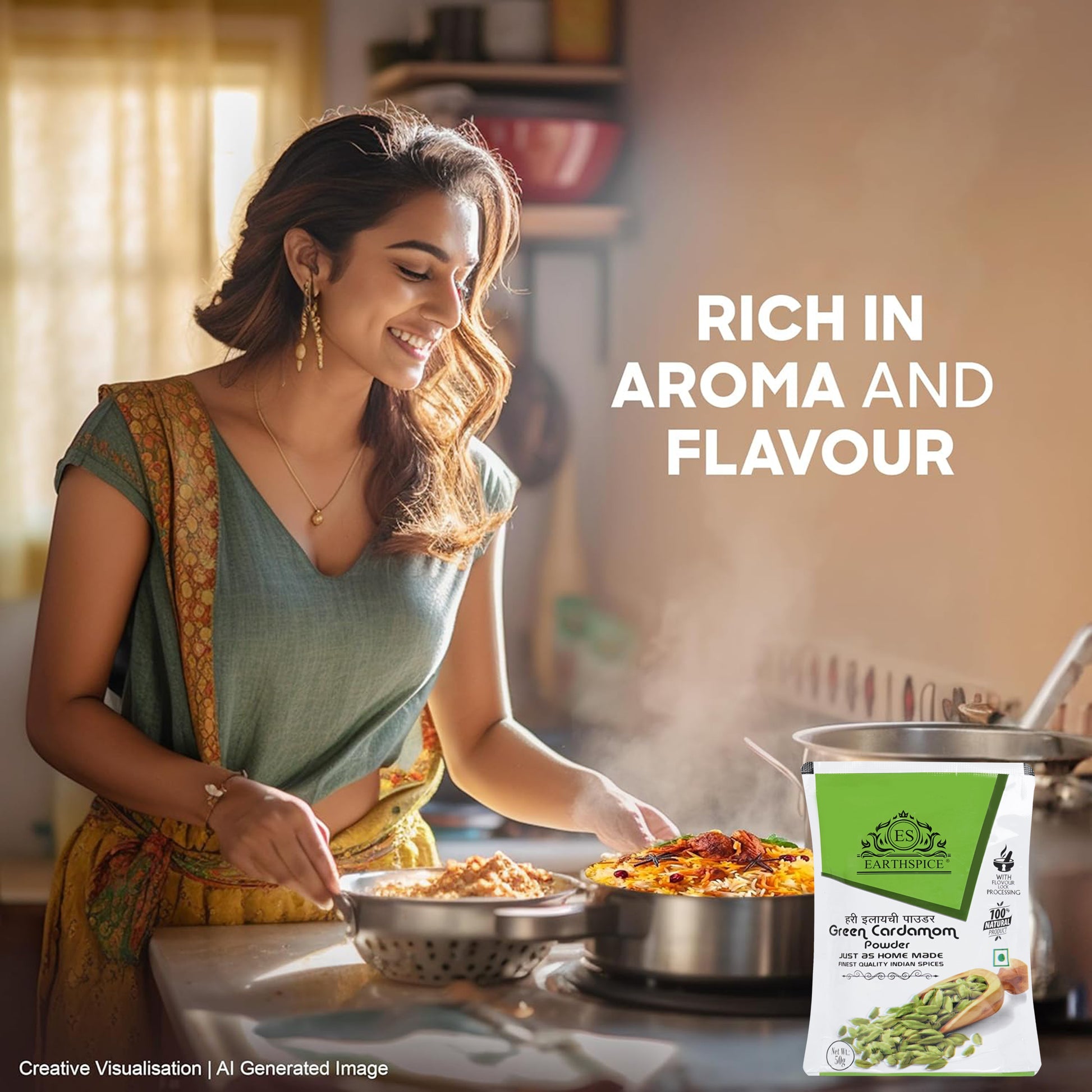 Woman with food and package of Earthspice green cardamom powder.