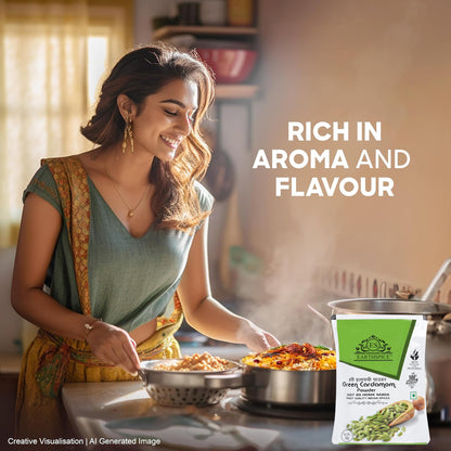 Woman with food and package of Earthspice green cardamom powder.