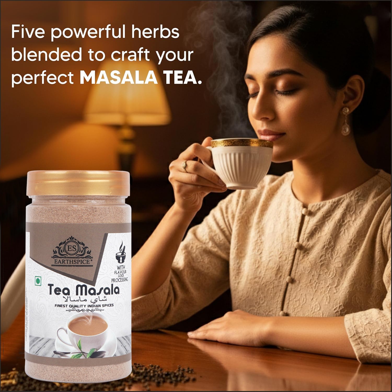 Woman enjoying a cup of tea of  Earthspice Tea Masala.