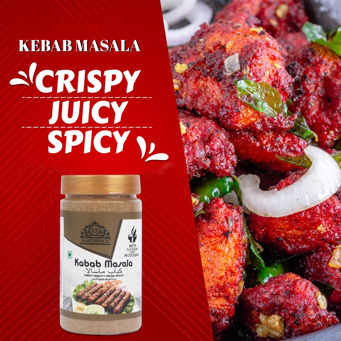 Earthspice Kebab Masala with text 'Crispy Juicy Spicy' background