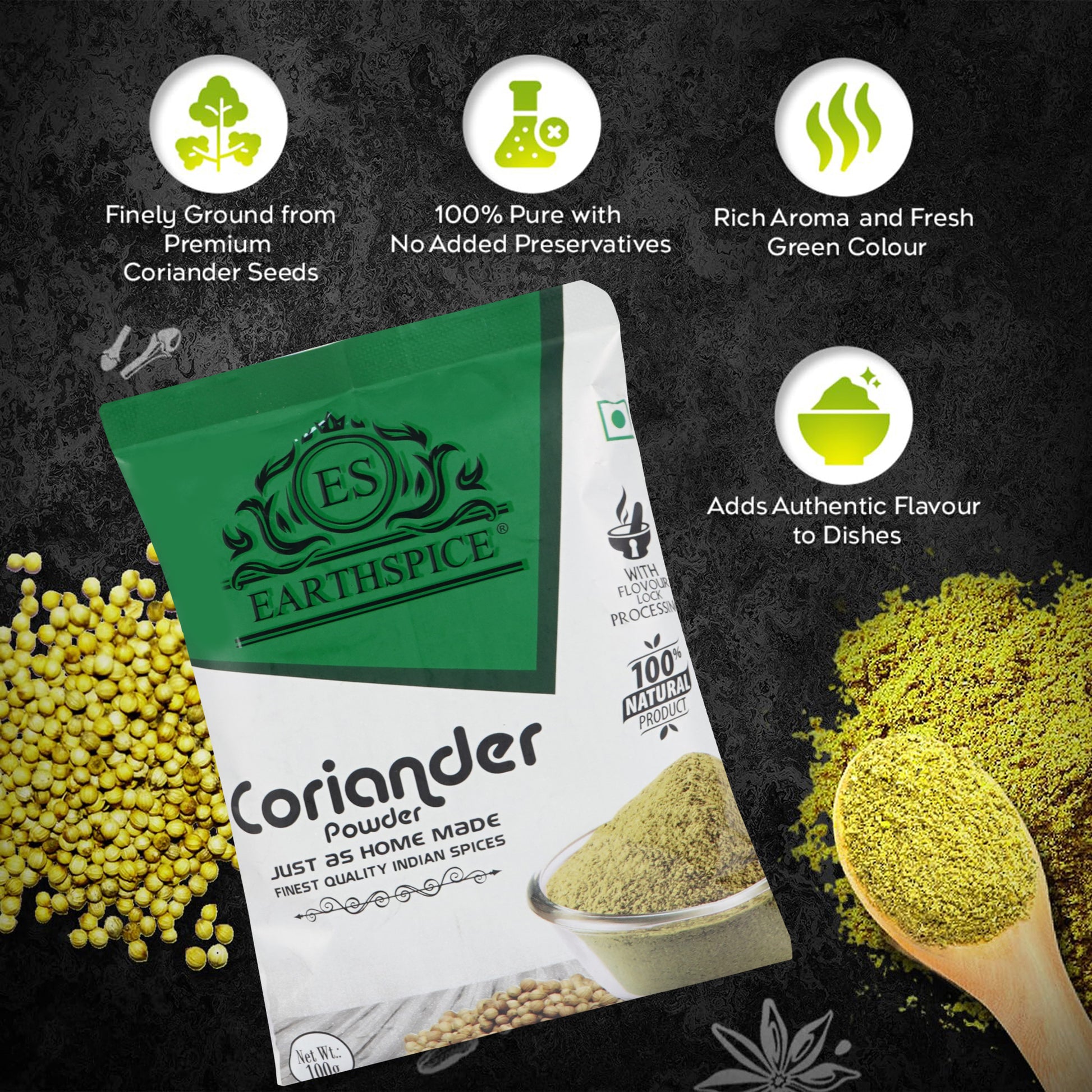 Earthspice coriander powder packaging with coriander seeds and powder
