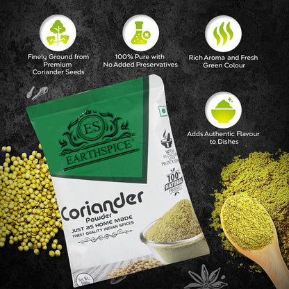 Earthspice coriander powder packaging with coriander seeds and powder