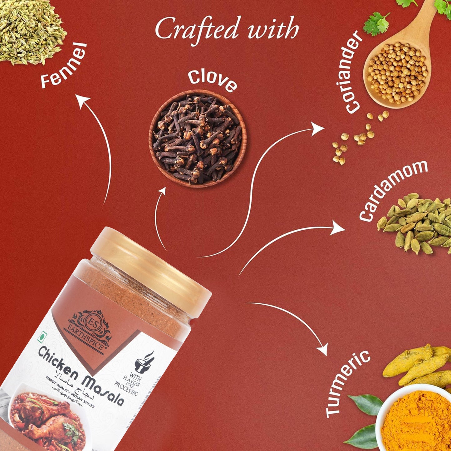 Earthspice Chicken Masala spice mix with ingredients.