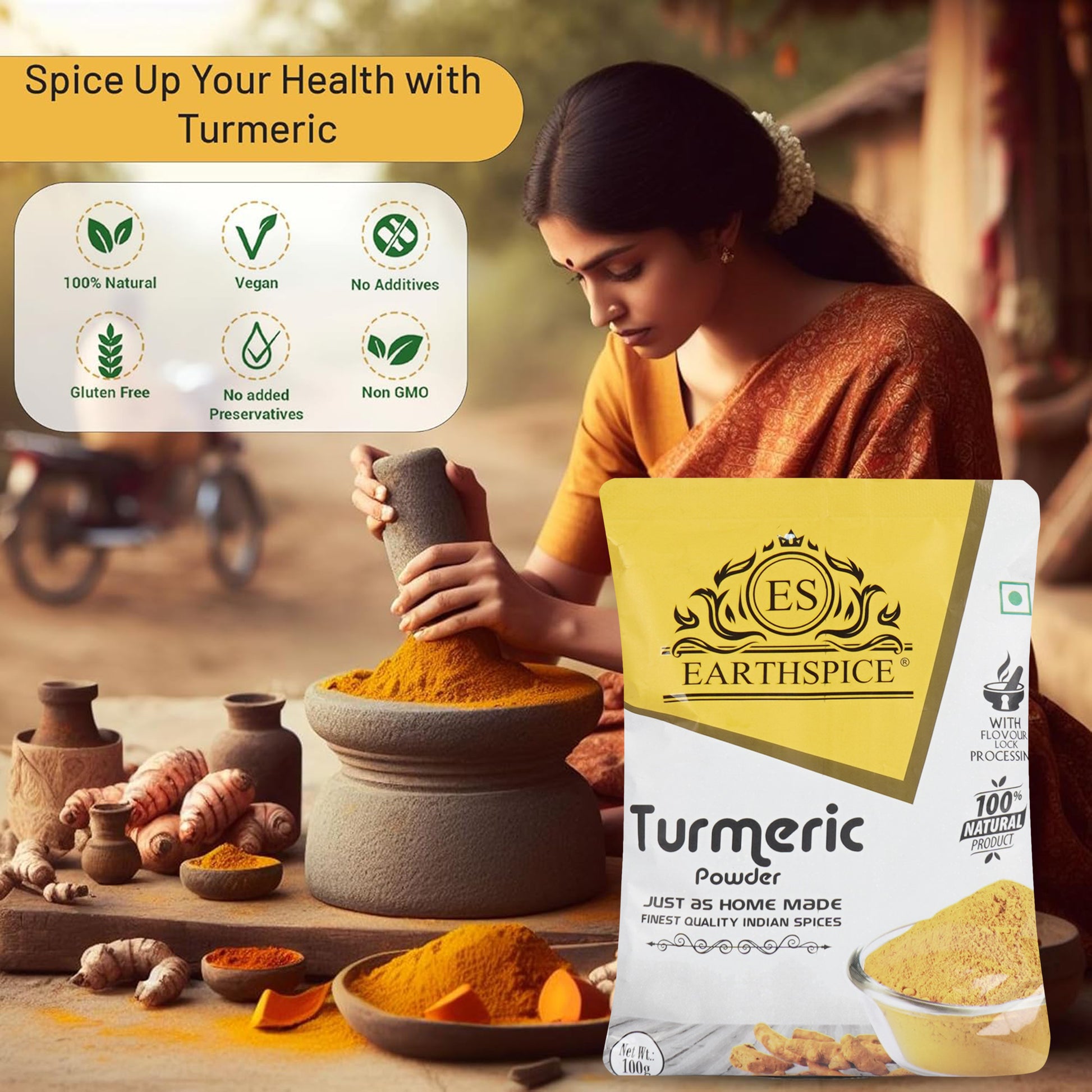 Woman using a mortar and pestle with Earthspice turmeric powder.