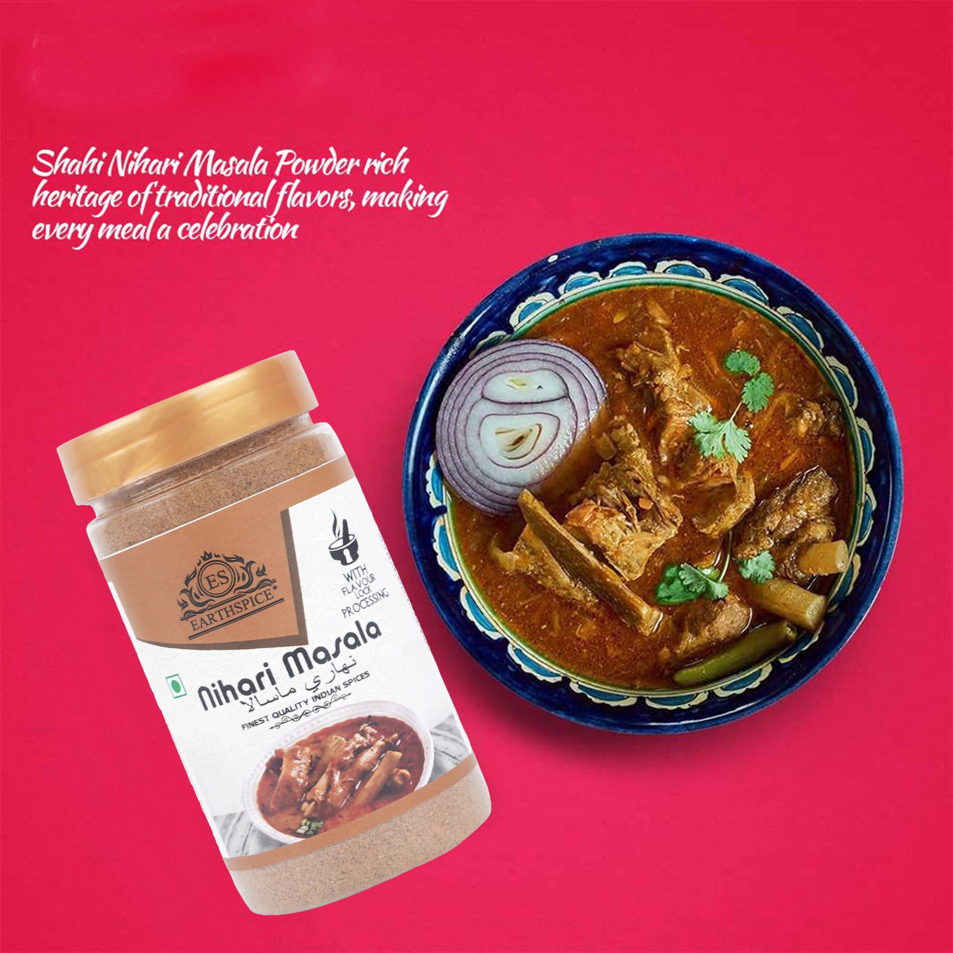 Earthspice Nihari Masala powder container with a bowl of Nihari.