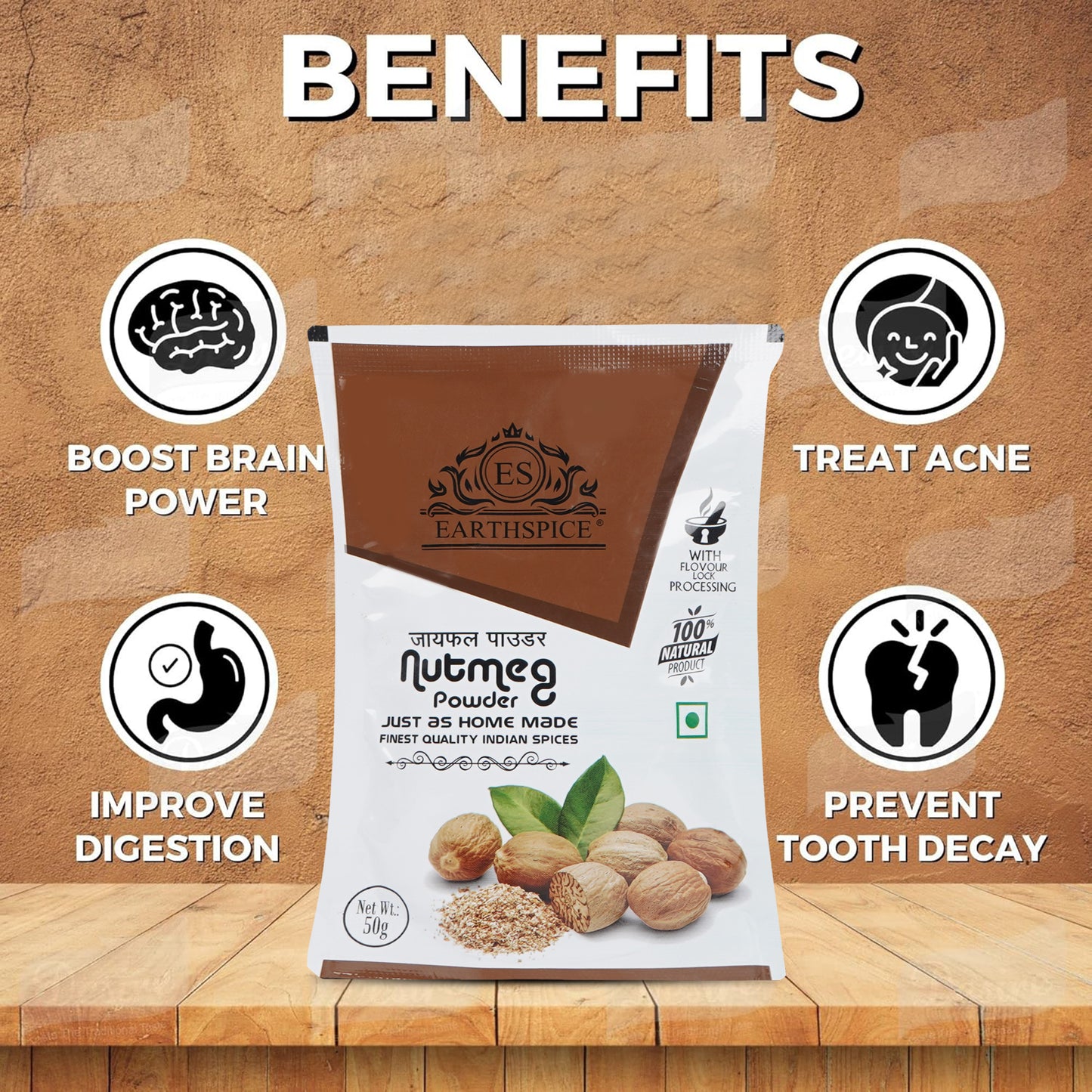 Earthspice Nutmeg Powder packaging with health benefits