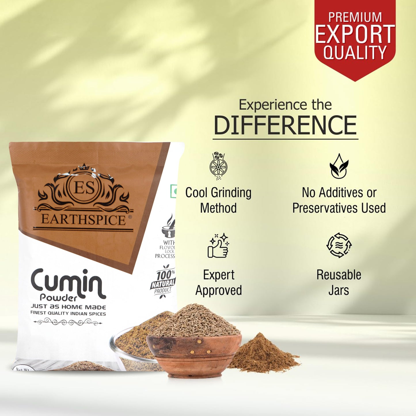 Earthspice cumin powder packaging with branding and product details.