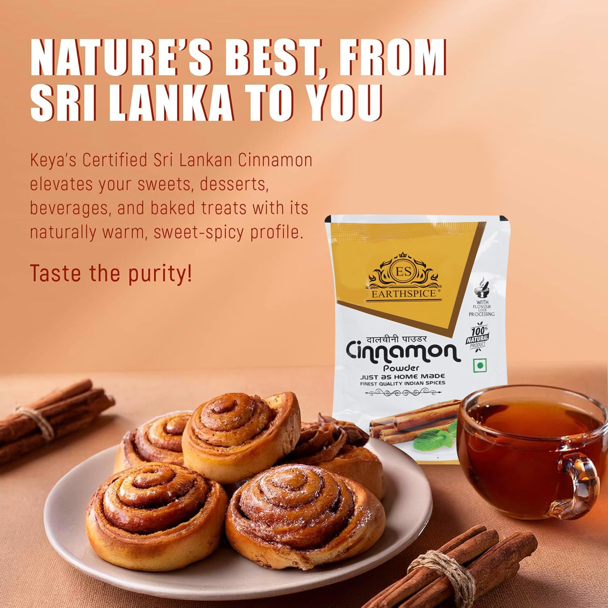 Cinnamon rolls plate with package of Earthspice cinnamon powder