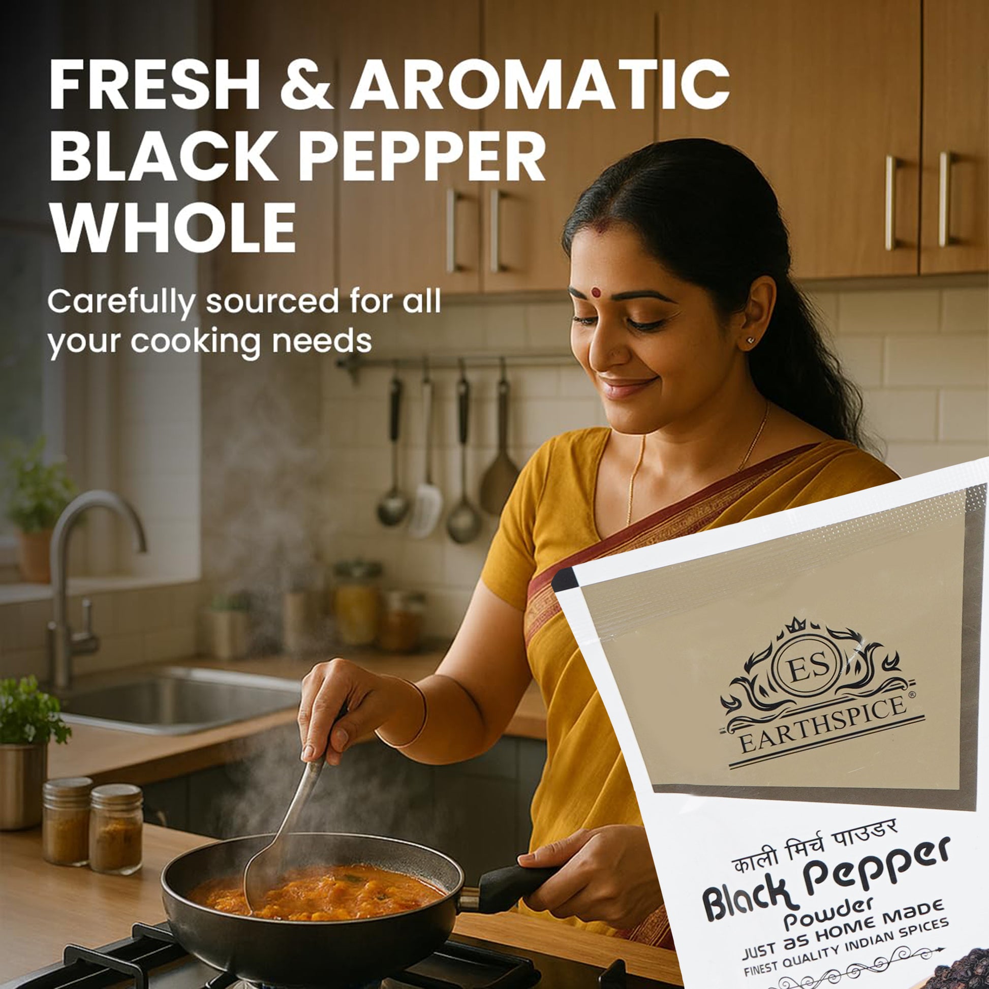 Woman cooking in kitchen with Earthspice black pepper powder.