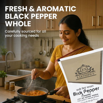 Woman cooking in kitchen with Earthspice black pepper powder.