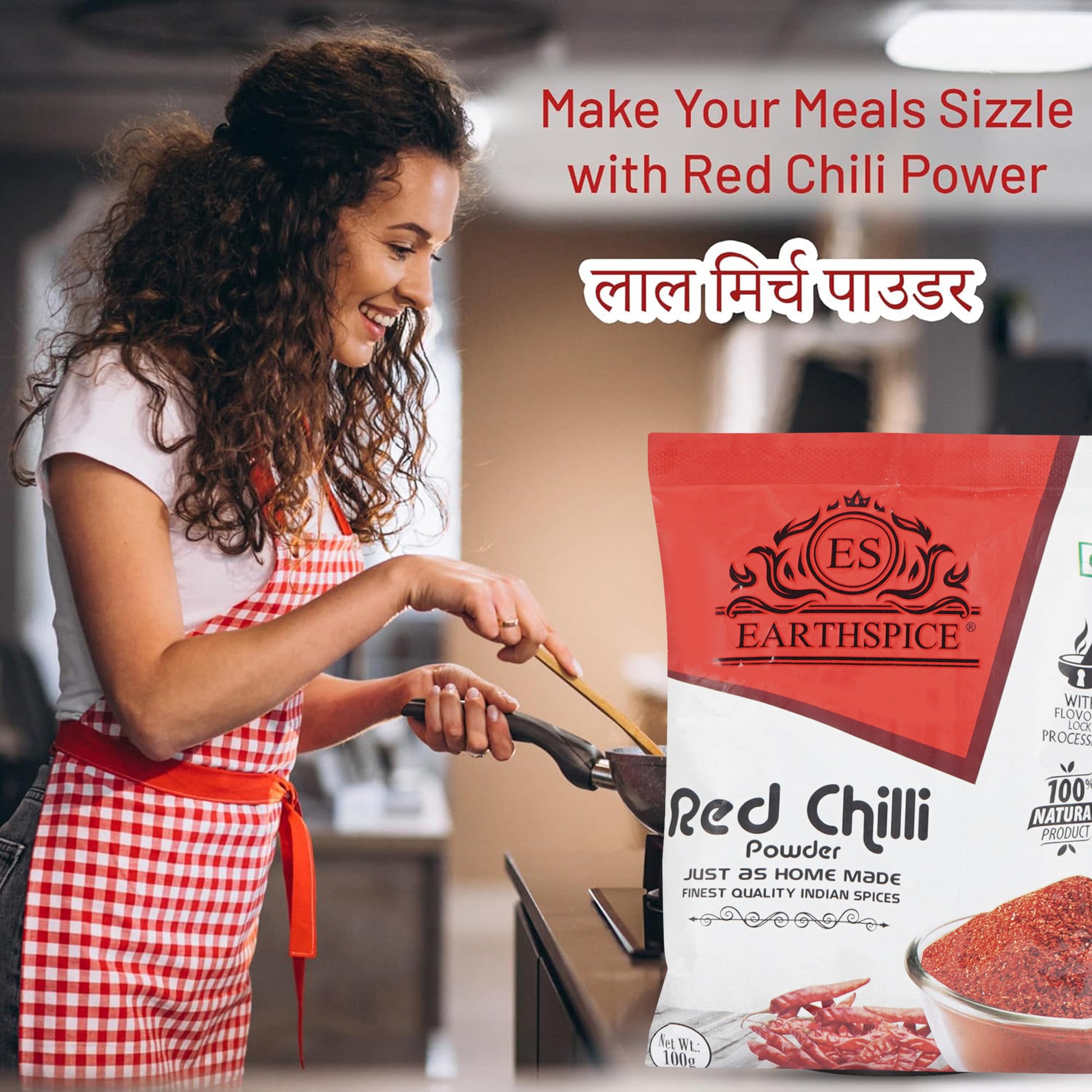Woman cooking with Earthspice Red Chilli Powder in the foreground.