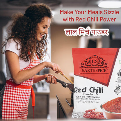 Woman cooking with Earthspice Red Chilli Powder in the foreground.