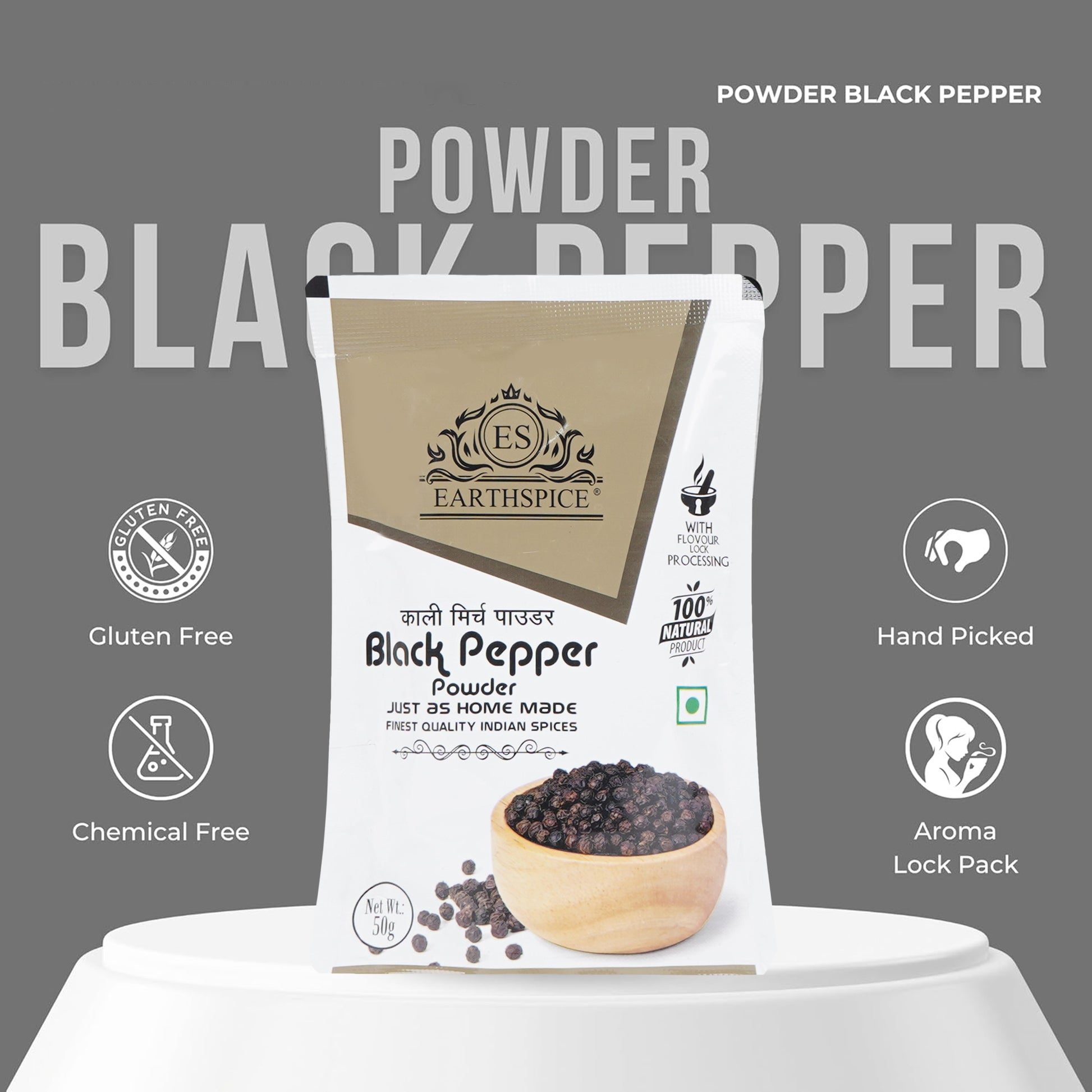 Earthspice Black Pepper powder packaging with product and features.