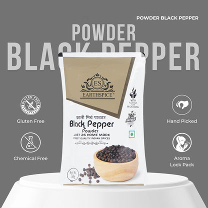 Earthspice Black Pepper powder packaging with product and features.