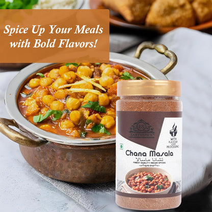 Earthspice Chana Masala with a chickpea curry in the background.