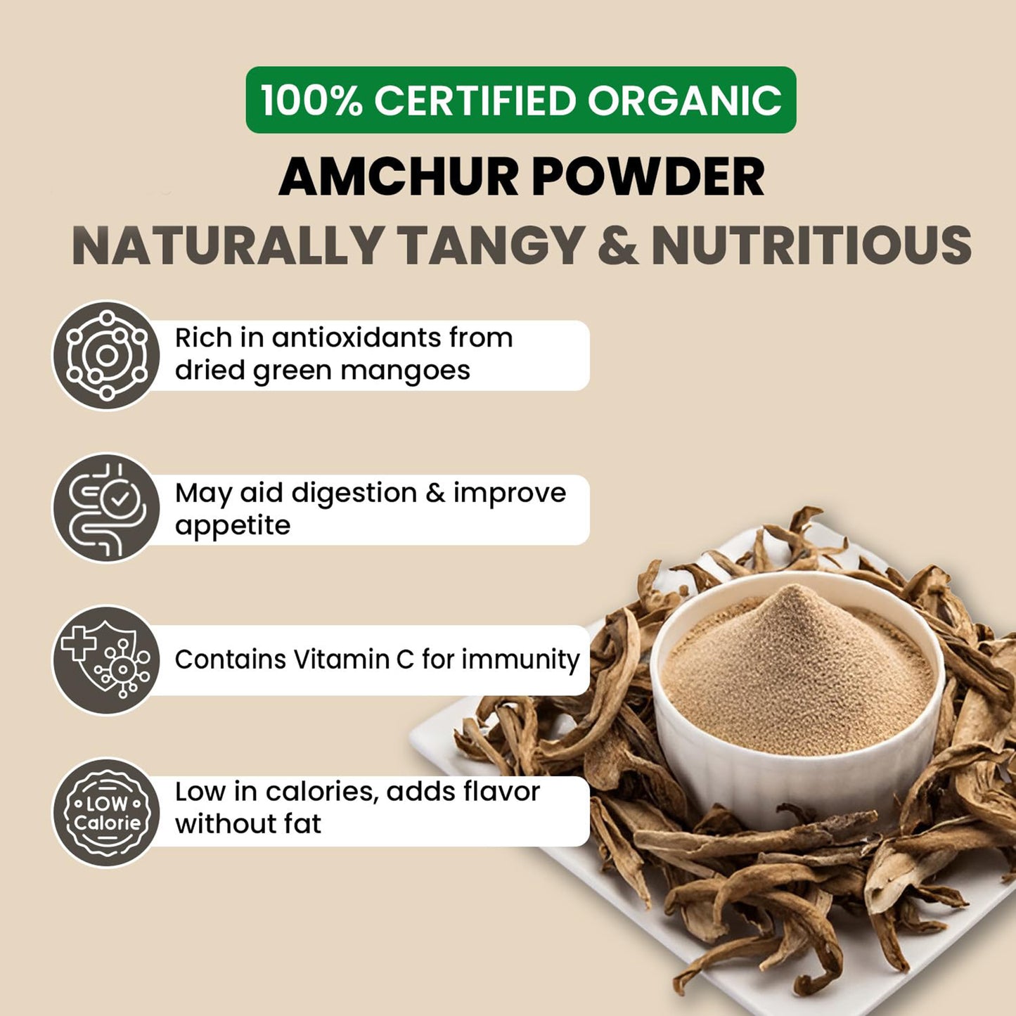 Earthspice amchur powder in a bowl with highlighting its benefits.