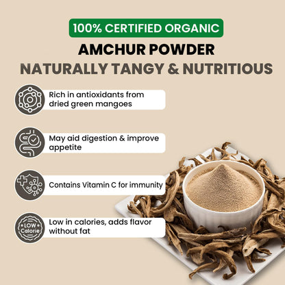Earthspice amchur powder in a bowl with highlighting its benefits.