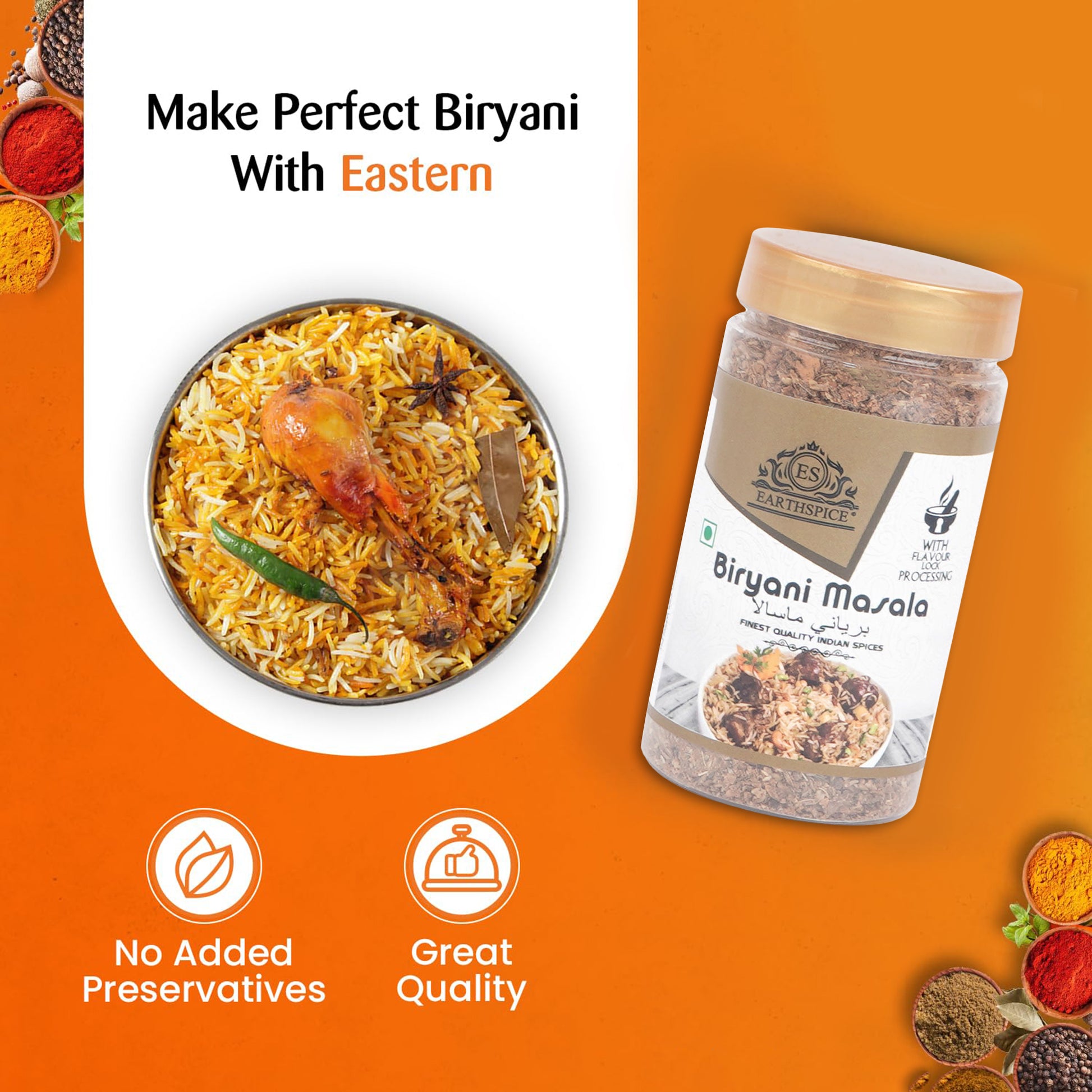 Earthspice Biryani masala jar with biryani dish.