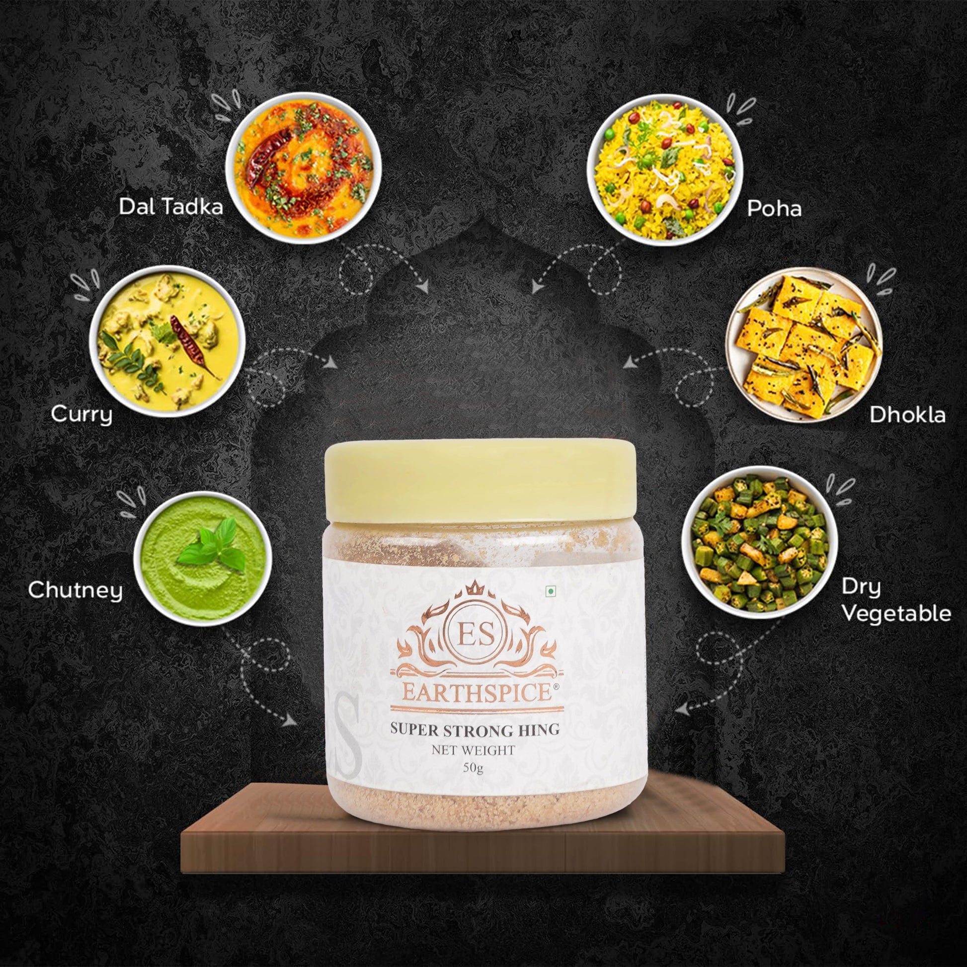 Earthspice Hing asafoetida with various Indian dishes