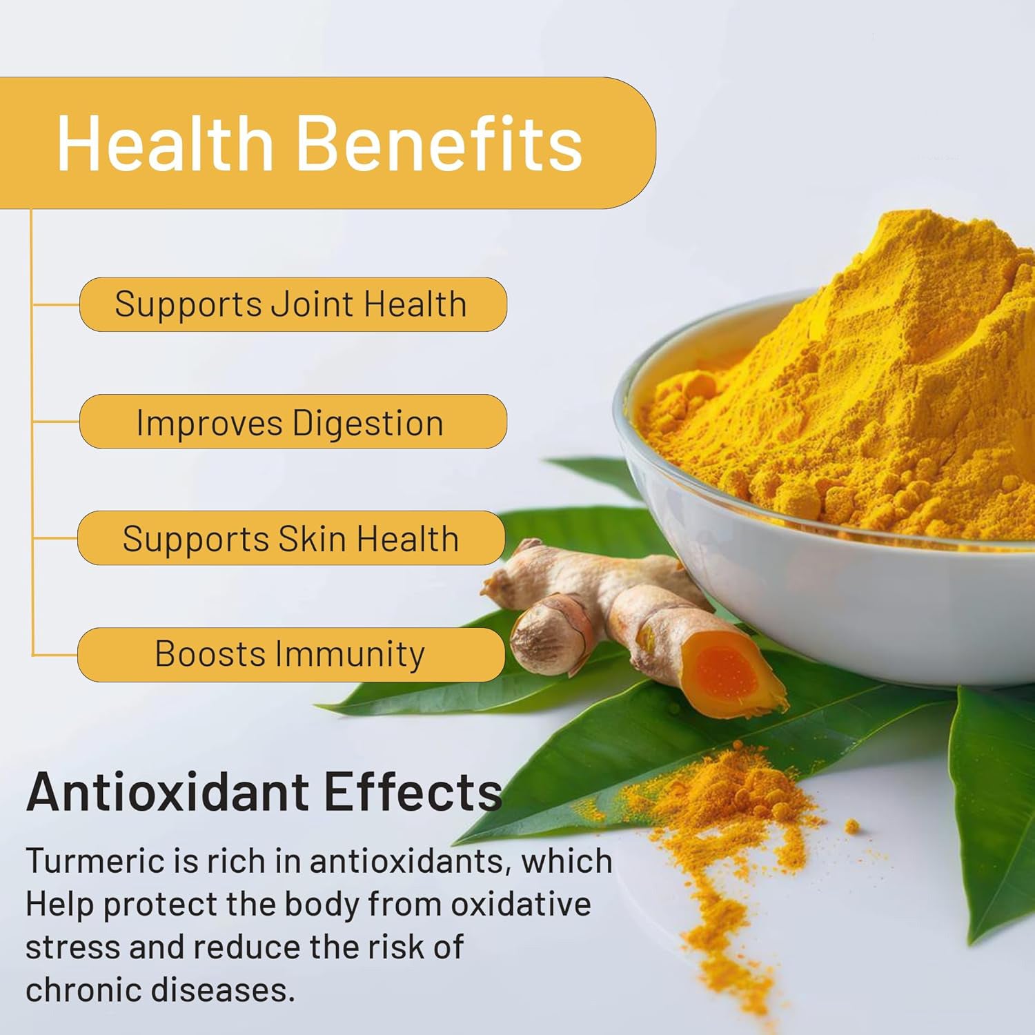Earthspice Turmeric powder, highlighting health benefits.