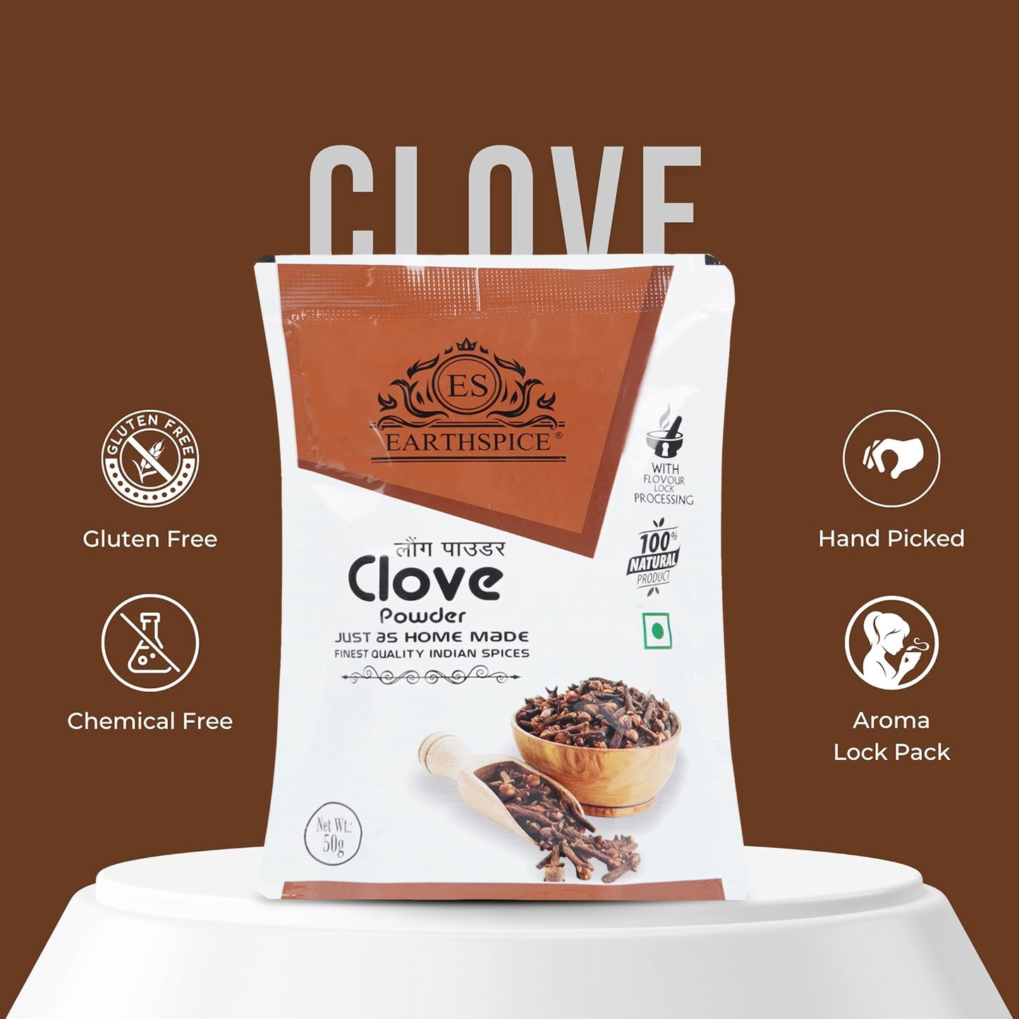 Earthspice clove powder packaging with features on a brown background
