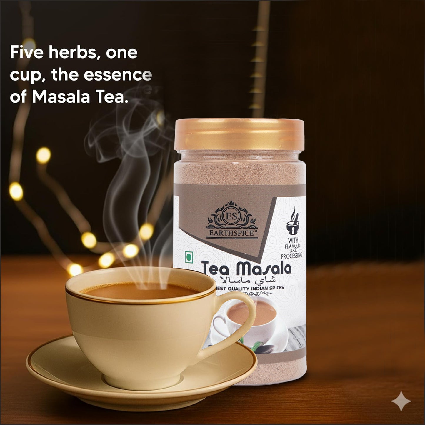 Earthspice Tea Masala packaging with a steaming cup of tea.