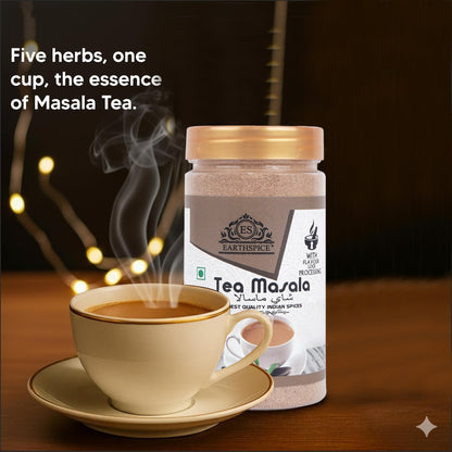 Earthspice Tea Masala packaging with a steaming cup of tea.